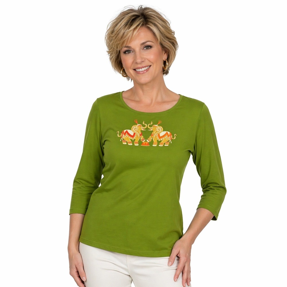 Bob Mackie Wearable Art Green Elephant Embroidered 3/4 Sleeve Top Women's Size L